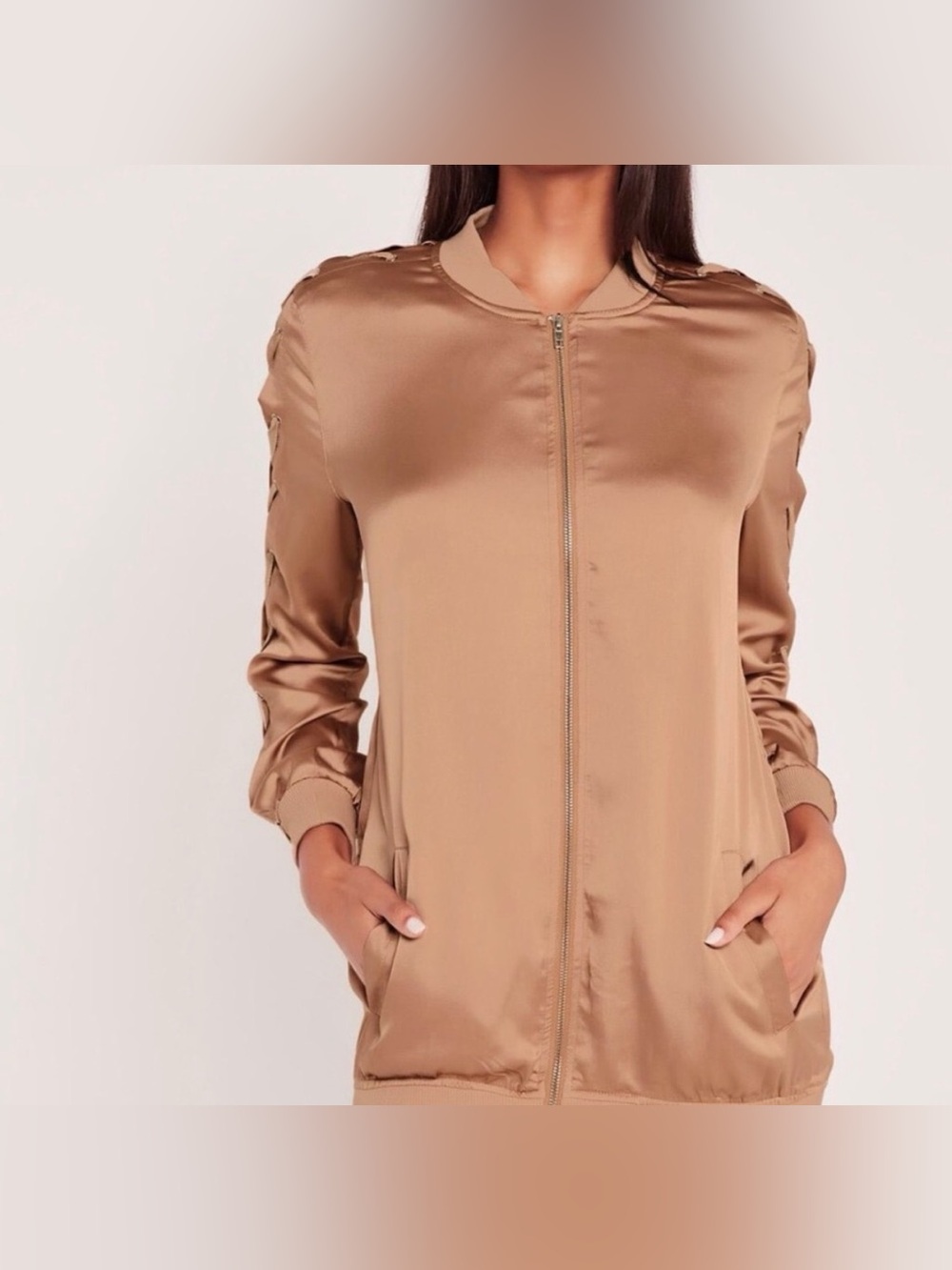 Missguided Carli Bybel Full-Zip Jacket womens 6 Rose Gold Taupe Satin Lace-up